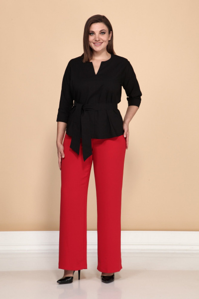 Деловой комплект блуза и облегающие брюки из текстиля Klever 376/275 красный/черный - фото 7