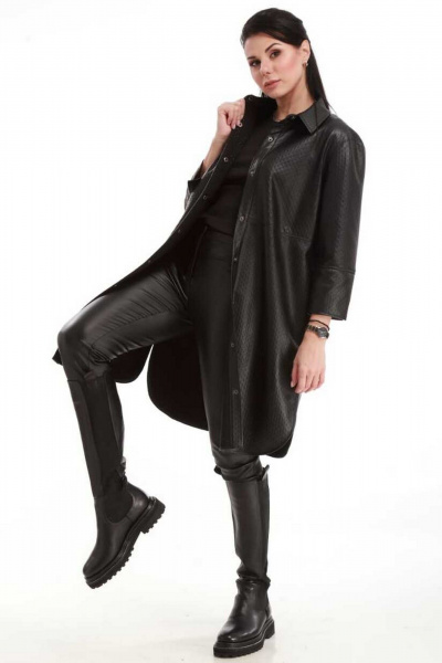 Кардиган из экокожи с карманами и разрезами на каждый день Klever 165А черный - фото 1