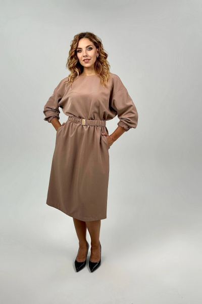 Платье свободного кроя с поясом и спущенным рукавом Nati Brend 0030 бежевый - фото 3