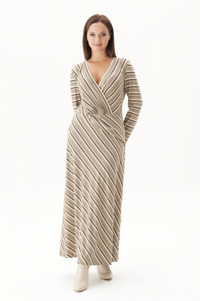 Платье в полоску с запахом и диагональной юбкой Fantazia Mod 4890 беж - фото 2