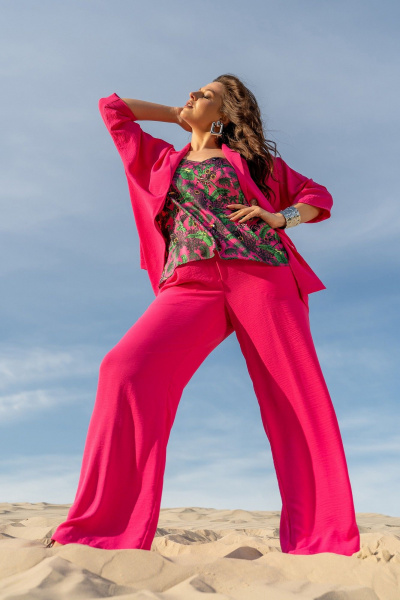 Костюм 3-ка из текстиля: жакет кимоно, брюки и топ с регуляторами Andina 3001 фуксия/принт - фото 14