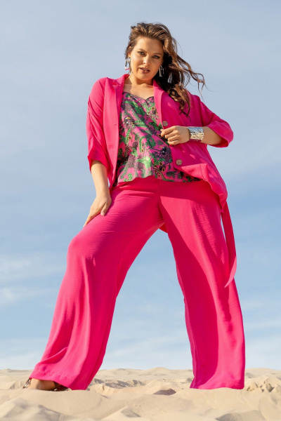 Костюм 3-ка из текстиля: жакет кимоно, брюки и топ с регуляторами Andina 3001 фуксия/принт - фото 13