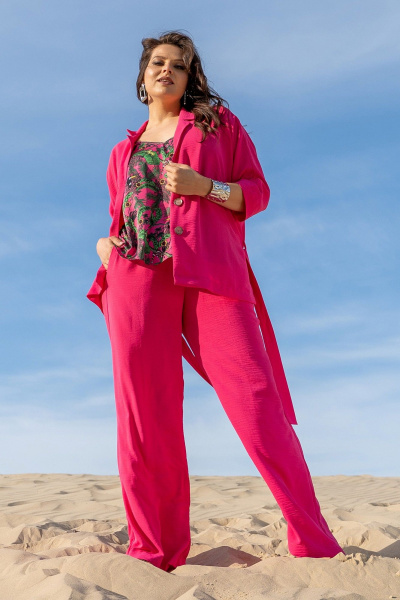 Костюм 3-ка из текстиля: жакет кимоно, брюки и топ с регуляторами Andina 3001 фуксия/принт - фото 12
