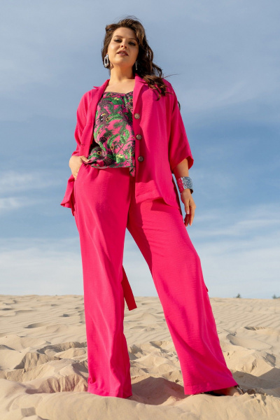 Костюм 3-ка из текстиля: жакет кимоно, брюки и топ с регуляторами Andina 3001 фуксия/принт - фото 11
