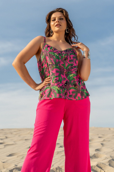 Костюм 3-ка из текстиля: жакет кимоно, брюки и топ с регуляторами Andina 3001 фуксия/принт - фото 9