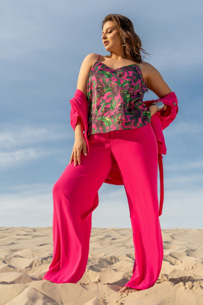 Костюм 3-ка из текстиля: жакет кимоно, брюки и топ с регуляторами Andina 3001 фуксия/принт - фото 7