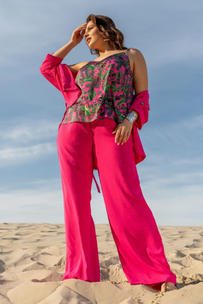 Костюм 3-ка из текстиля: жакет кимоно, брюки и топ с регуляторами Andina 3001 фуксия/принт - фото 6