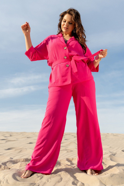 Костюм 3-ка из текстиля: жакет кимоно, брюки и топ с регуляторами Andina 3001 фуксия/принт - фото 1