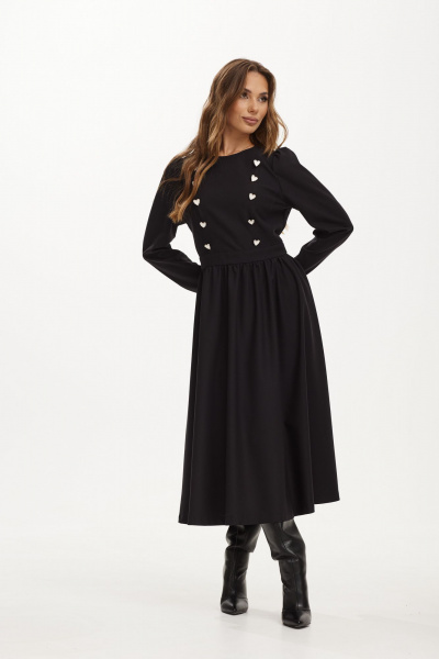 Черное миди платье со сборкой и пуговицами, из плотной ткани Vesnaletto 3979 - фото 9