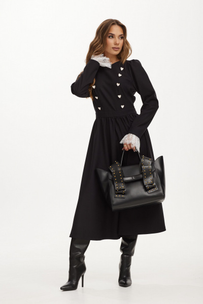 Черное миди платье со сборкой и пуговицами, из плотной ткани Vesnaletto 3979 - фото 6