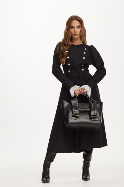 Черное миди платье со сборкой и пуговицами, из плотной ткани Vesnaletto 3979 - фото 5