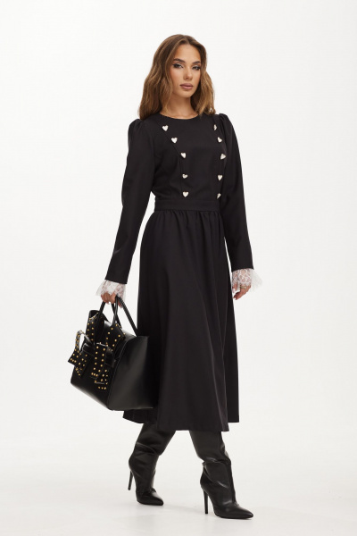 Черное миди платье со сборкой и пуговицами, из плотной ткани Vesnaletto 3979 - фото 4