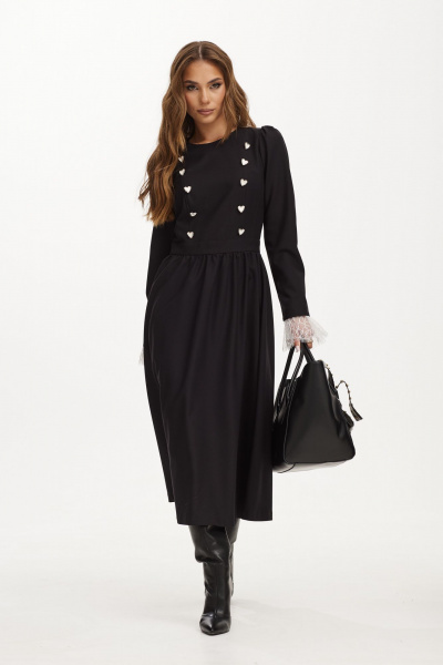 Черное миди платье со сборкой и пуговицами, из плотной ткани Vesnaletto 3979 - фото 3