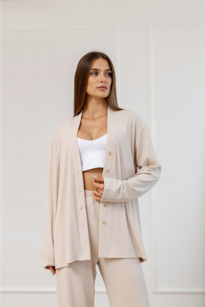 Повседневный комплект из мягкого трикотажа с брюками и кардиганом Atelero 1111 бежевый - фото 4