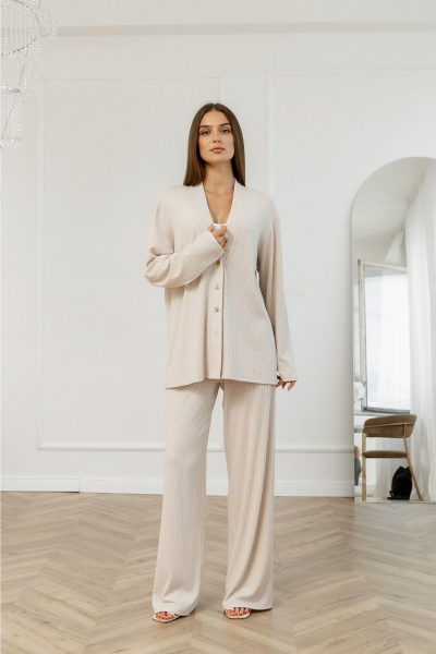 Повседневный комплект из мягкого трикотажа с брюками и кардиганом Atelero 1111 бежевый - фото 1