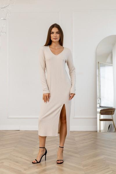 Длинное бежевое платье прямого силуэта из трикотажа Atelero 1114 бежевый - фото 3
