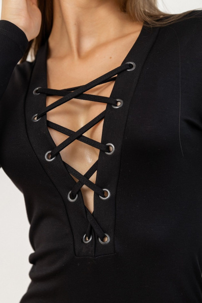 Модное длинное черное платье облегающее с шлицей и шнуровкой Atelero 1115 черный - фото 6