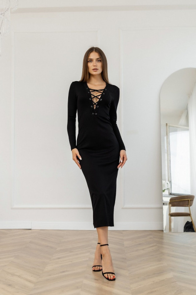 Модное длинное черное платье облегающее с шлицей и шнуровкой Atelero 1115 черный - фото 1