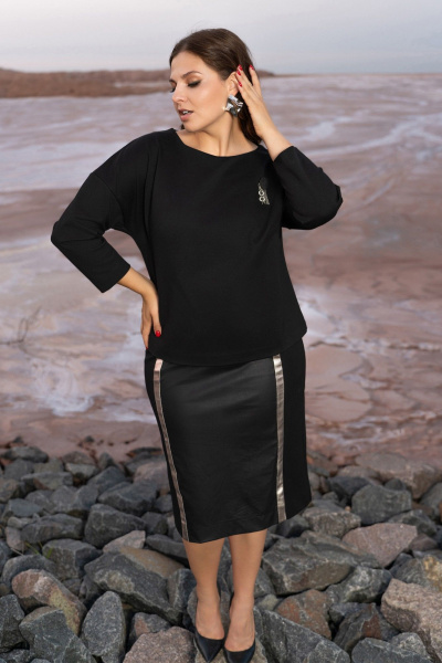 Черный костюм юбочный из плотного трикотажа с эко-кожей Andina 960 черный - фото 8