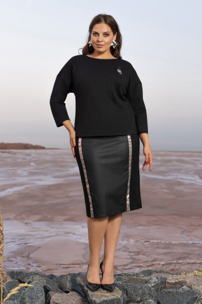 Черный костюм юбочный из плотного трикотажа с эко-кожей Andina 960 черный - фото 6