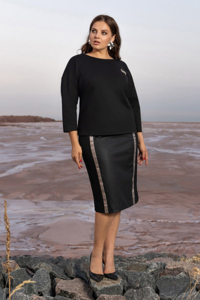 Черный костюм юбочный из плотного трикотажа с эко-кожей Andina 960 черный - фото 3