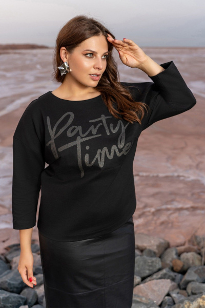 Юбочный костюм из трикотажа и эко-кожи с накладками и шлицей Andina 961 черный - фото 18