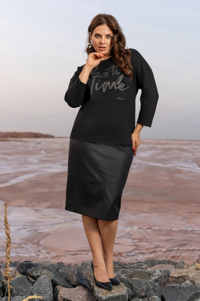 Юбочный костюм из трикотажа и эко-кожи с накладками и шлицей Andina 961 черный - фото 14