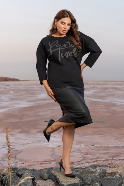 Юбочный костюм из трикотажа и эко-кожи с накладками и шлицей Andina 961 черный - фото 12