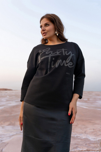 Юбочный костюм из трикотажа и эко-кожи с накладками и шлицей Andina 961 черный - фото 10