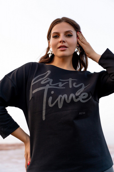 Юбочный костюм из трикотажа и эко-кожи с накладками и шлицей Andina 961 черный - фото 8