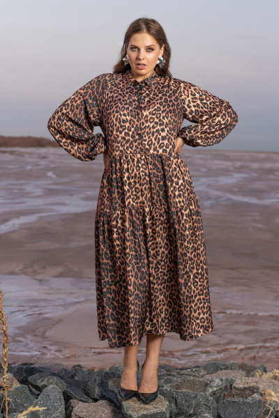 Платье трапеция с воланами и карманами в стиле бохо Andina 834 леопард_коричневый - фото 2