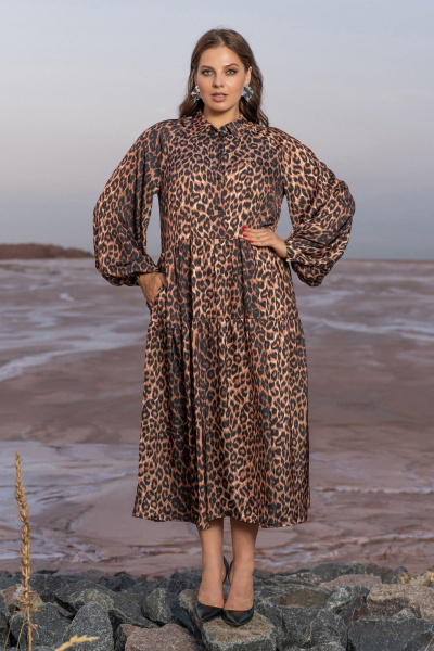 Платье трапеция с воланами и карманами в стиле бохо Andina 834 леопард_коричневый - фото 1