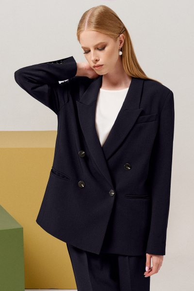 Оверсайз двубортный жакет из текстиля для делового образа Панда 123331 черный - фото 1