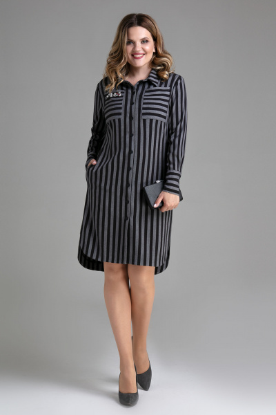 Демисезонное платье-рубашка с карманами и полосками Панда ПА-449280 серо-черный - фото 1
