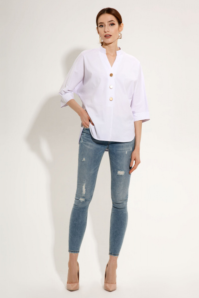 Длинная белая блузка-рубашка с воротником и накладными карманами Панда ПА-485140p белый - фото 5