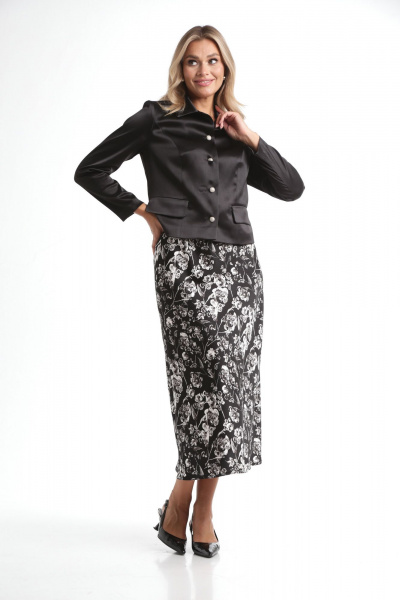 Женский комплект 3 предмета: жакет, топ и юбка для повседневного стиля Rishelie 970 черно-белый - фото 3