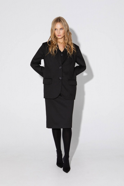 Деловой костюм-двойка из текстиля: жакет и юбка на пояс PiRS 5028 черный - фото 7