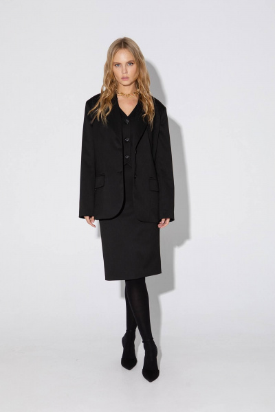 Деловой костюм-двойка из текстиля: жакет и юбка на пояс PiRS 5028 черный - фото 5