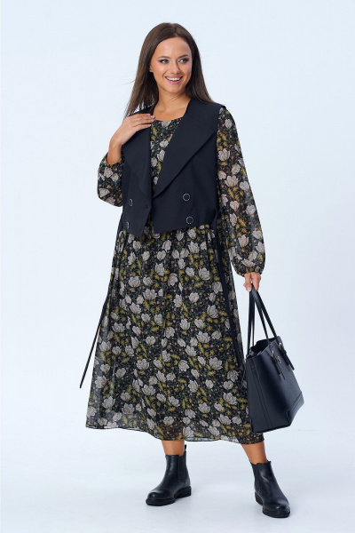 Стильный комплект из блузона и палаццо с декоративными разрезами Liona Style 813 черный_белые_цветы - фото 1