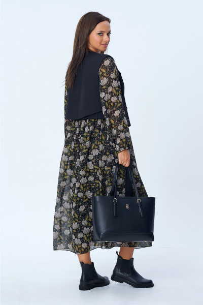 Стильный комплект из блузона и палаццо с декоративными разрезами Liona Style 813 черный_белые_цветы - фото 2