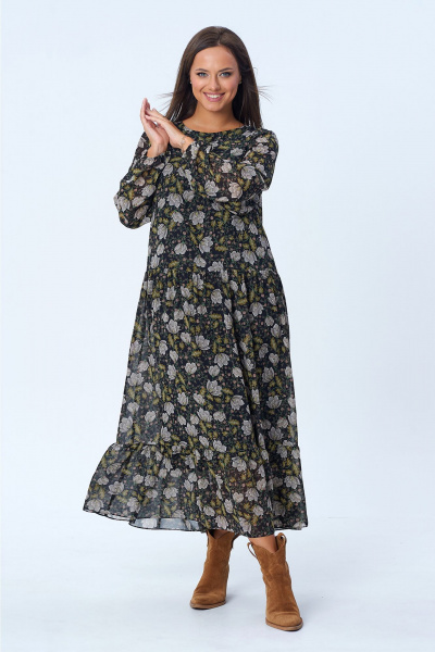 Легкое шифоновое платье на сборках с разрезом и завязками Liona Style 912 черный_белый - фото 1