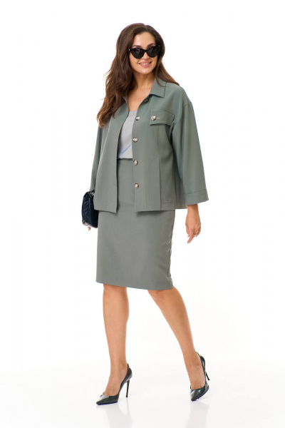 Деловой комплект жакет, топ и юбка свободного кроя из текстиля Karina deLux M-1266 полынь - фото 5