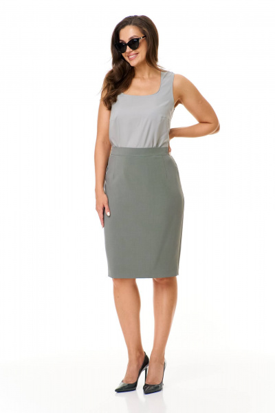 Деловой комплект жакет, топ и юбка свободного кроя из текстиля Karina deLux M-1266 полынь - фото 3