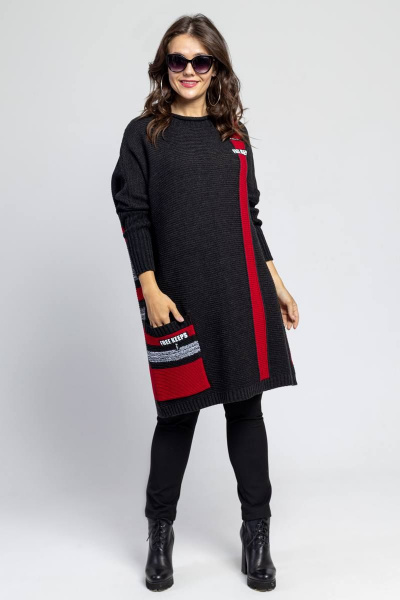 Платье свободного силуэта до колена с карманом и длинным рукавом BONADI М-1245 антрацит-вишневый - фото 2