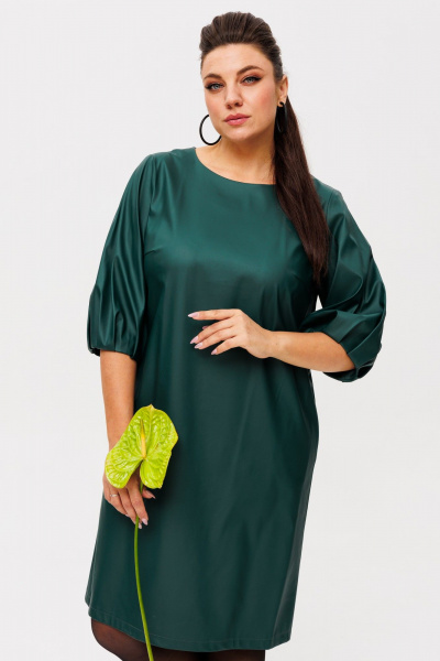 Зеленое платье из эко-кожи трапеция Anelli 1434.2 река - фото 2