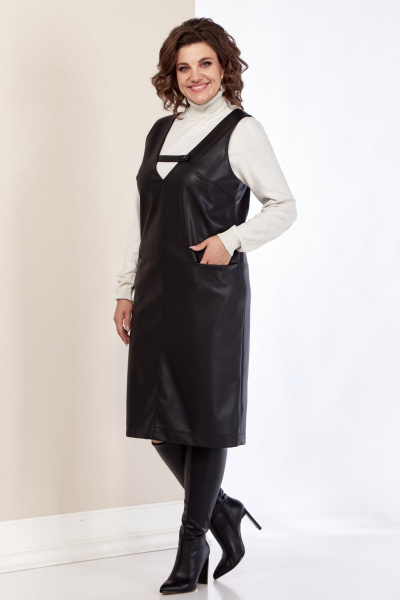 Черный сарафан из экокожи с карманами и молнией AVA fashion М-080 черный - фото 6