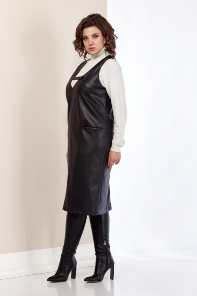 Черный сарафан из экокожи с карманами и молнией AVA fashion М-080 черный - фото 5