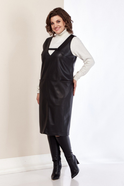 Черный сарафан из экокожи с карманами и молнией AVA fashion М-080 черный - фото 4