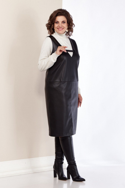 Черный сарафан из экокожи с карманами и молнией AVA fashion М-080 черный - фото 3