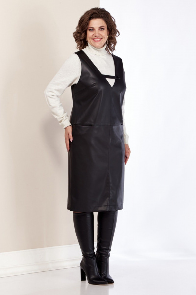 Черный сарафан из экокожи с карманами и молнией AVA fashion М-080 черный - фото 2